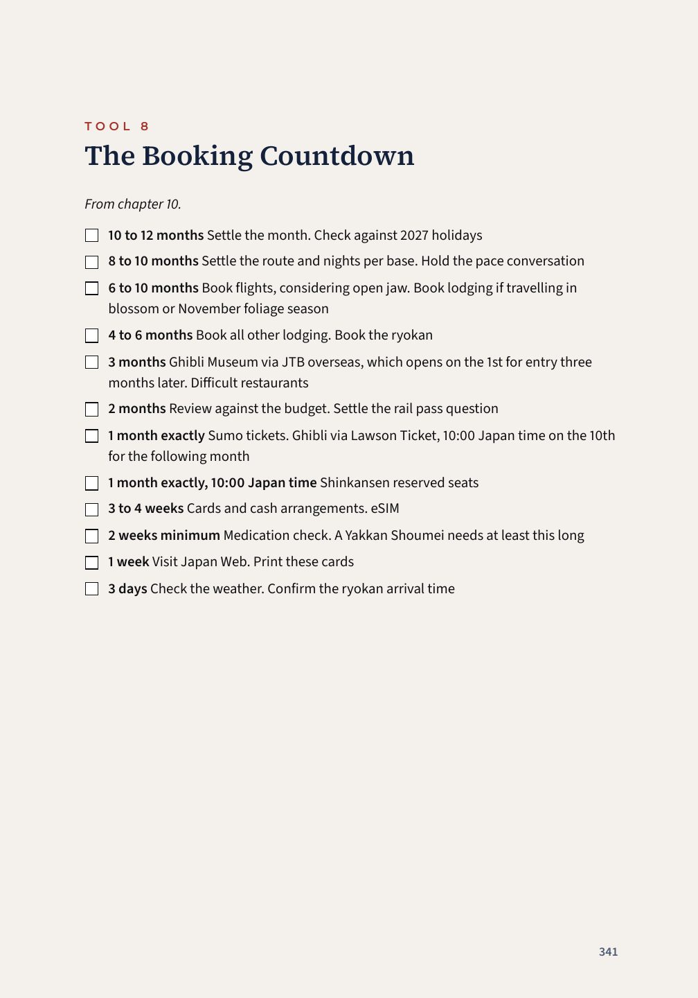 Tool 8, a checklist counting down from twelve months before departure