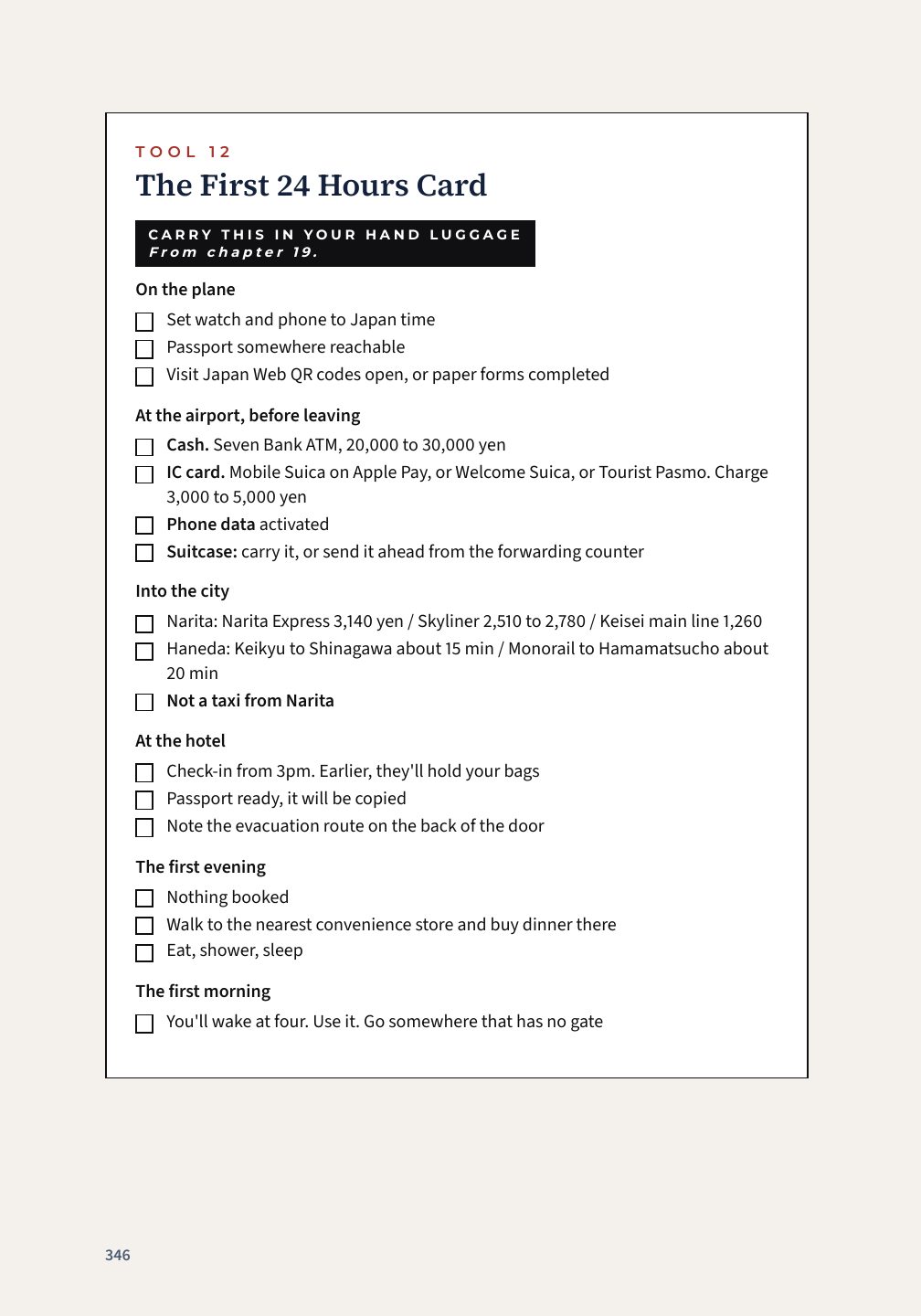 Tool 12, a pocket card for the first 24 hours in Japan