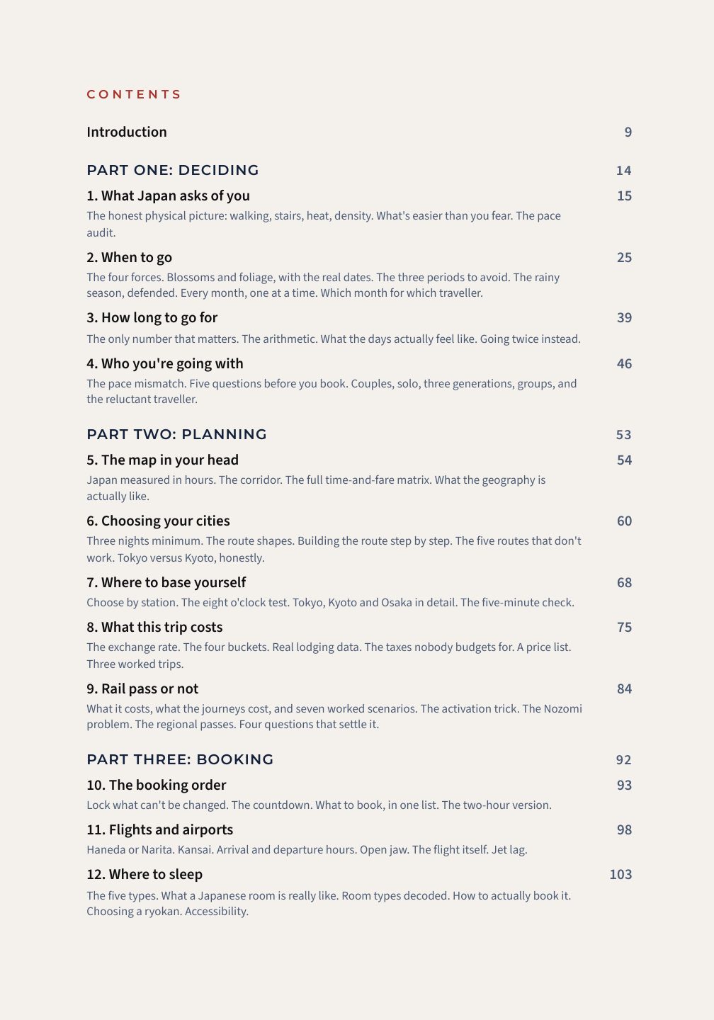 Contents page listing Parts One to Three with chapter summaries